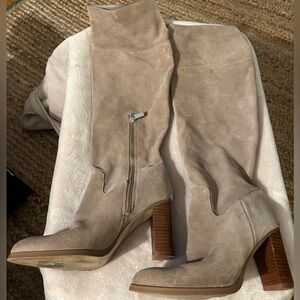 Michael Kors Regina Heeled Riding Boots - Over Knee Beige Suede Size 8